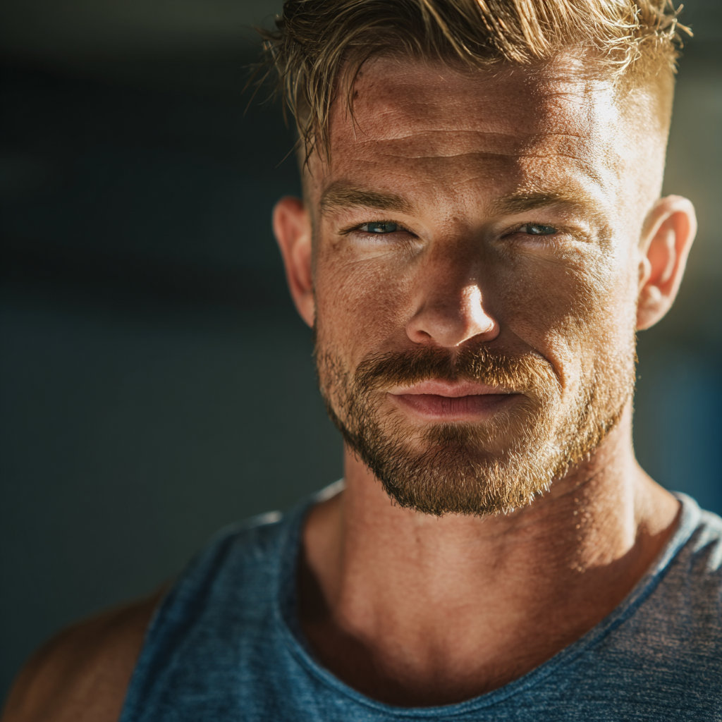 Посміхнена жінка європейської зовнішності середнього віку в спортивному одязі після тренування, реалістичний стиль